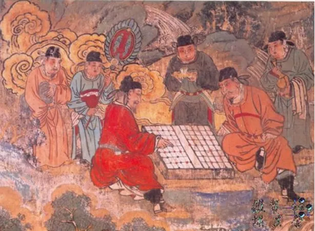 Chinese officials playing chess (1319) Detail from a mural in Low Guangsheng Temple, Hong Tong County, Shanxi, China.