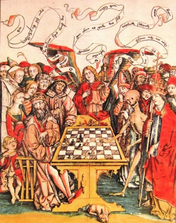 Death joins a game of chess (15th century) Copper-plate engraving. Kunsthalle, Hamburg, Germany.
