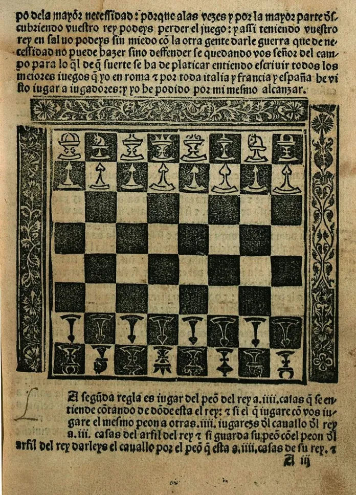 The initial alignment of the chess board (1496) From Luis de Lucena, ‘Repetición de amores; Arte de ajedrez’, Biblioteca Nacional de España, Madrid, Spain.
