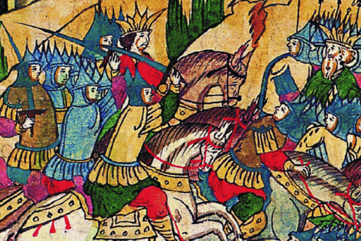 A fierce battle scene from The Golden Horde, showing warriors on horseback charging into combat with swords and shields